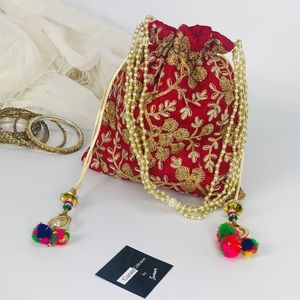Boho Red Embroidered Drawstring Clutch Bag